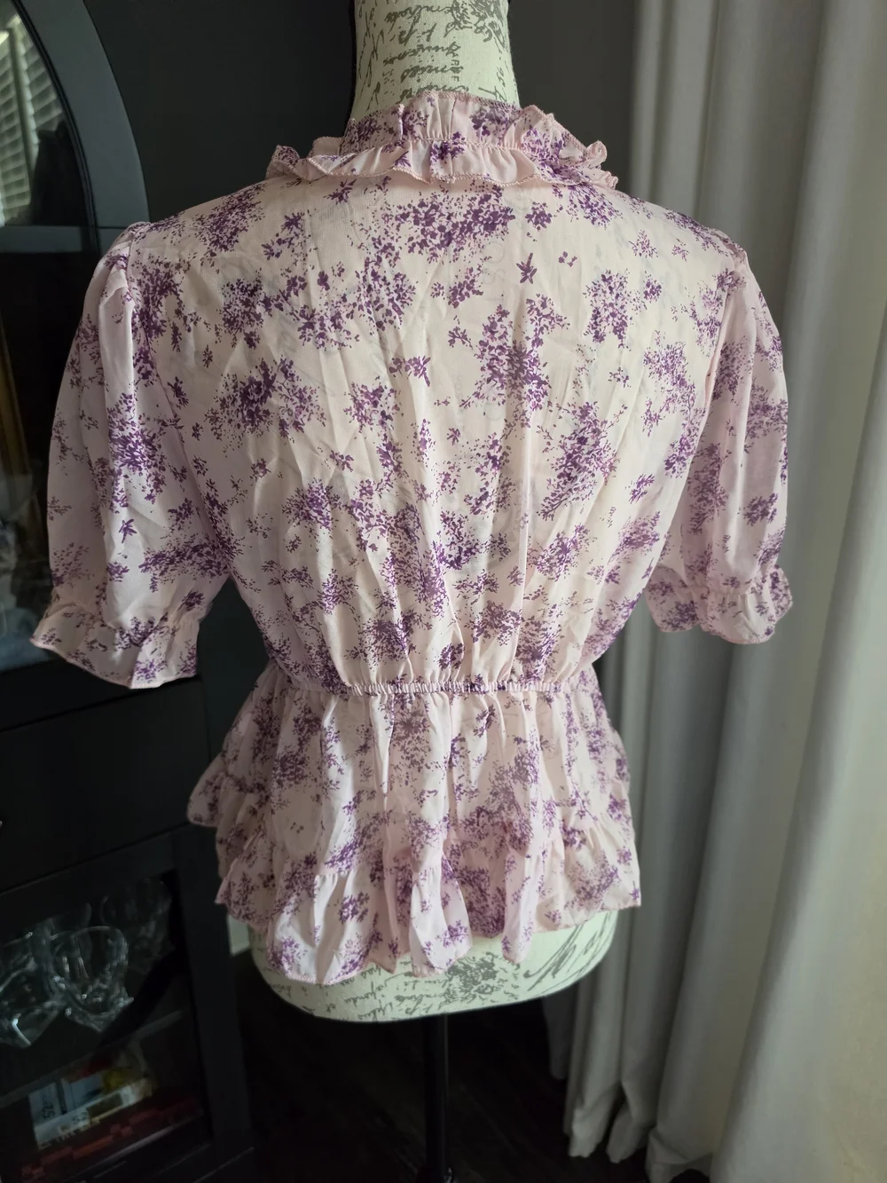 Sheer Floral Lavender Peplum Blouse with Zip Front